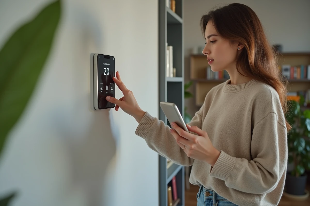 Jeune femme ajuste le thermostat en consultant un smartphone