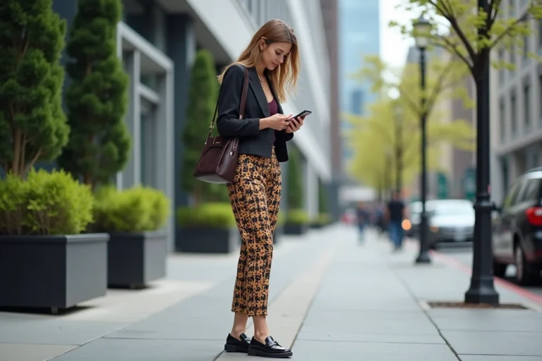 Femme élégante en ville avec pantalon à motifs et blazer crop