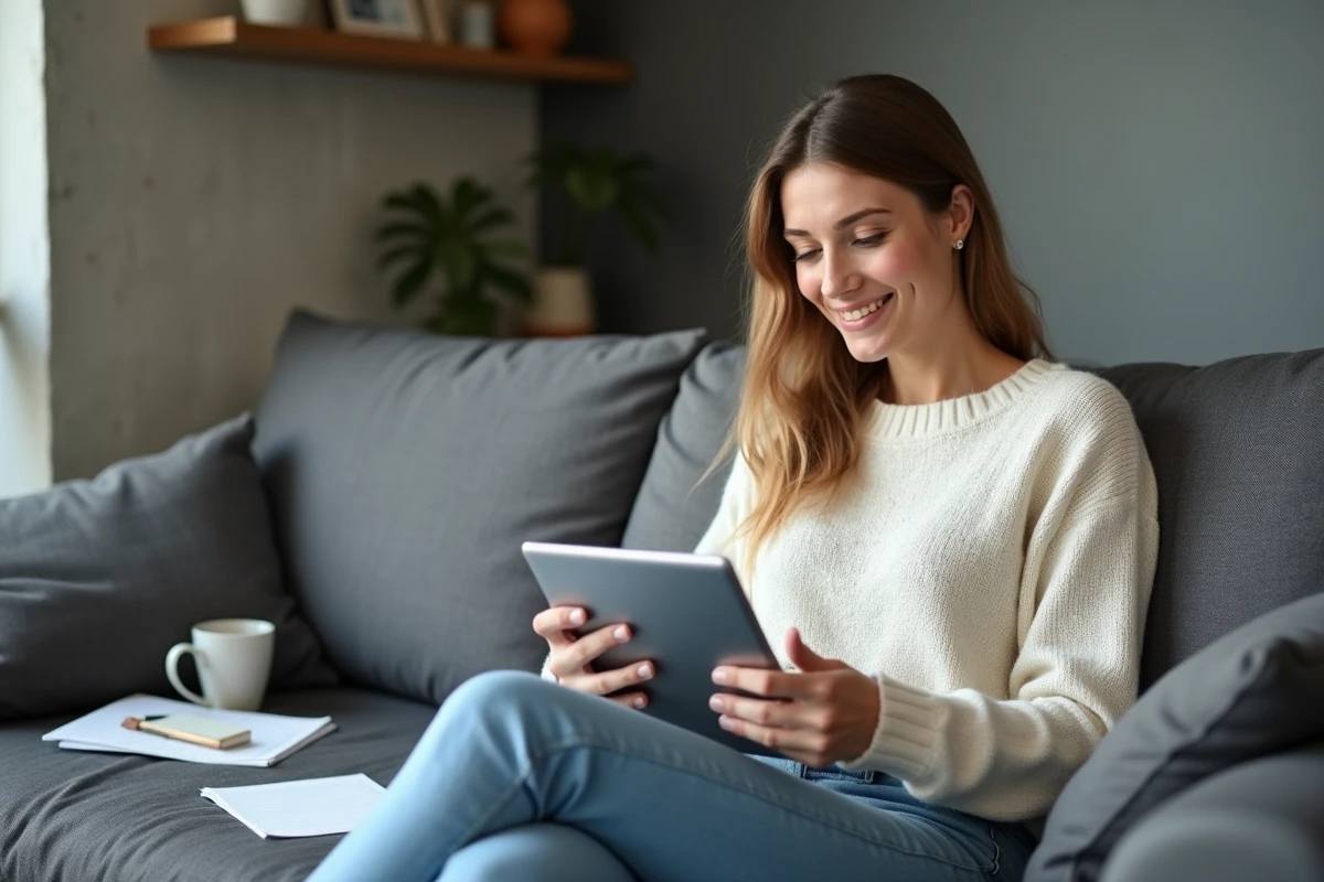 Femme souriante utilisant une tablette dans un coin bureau