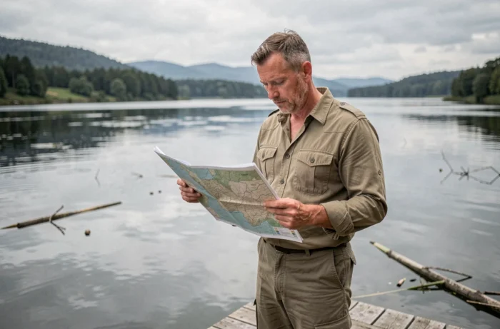 Géographe masculin étudiant une carte sur un ponton en bois au-dessus d'un grand fleuve avec collines boisées en arrière-plan