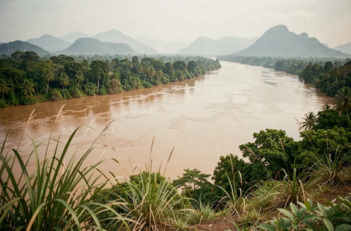 Vue panoramique d'un grand fleuve tropical aux eaux boueuses s'étendant vers l'horizon, entouré de végétation dense