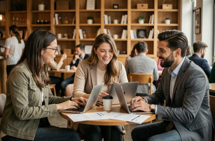 Groupe de professionnels diversifiés discutant d'opportunités de carrière autour d'une table dans un espace de travail convivial