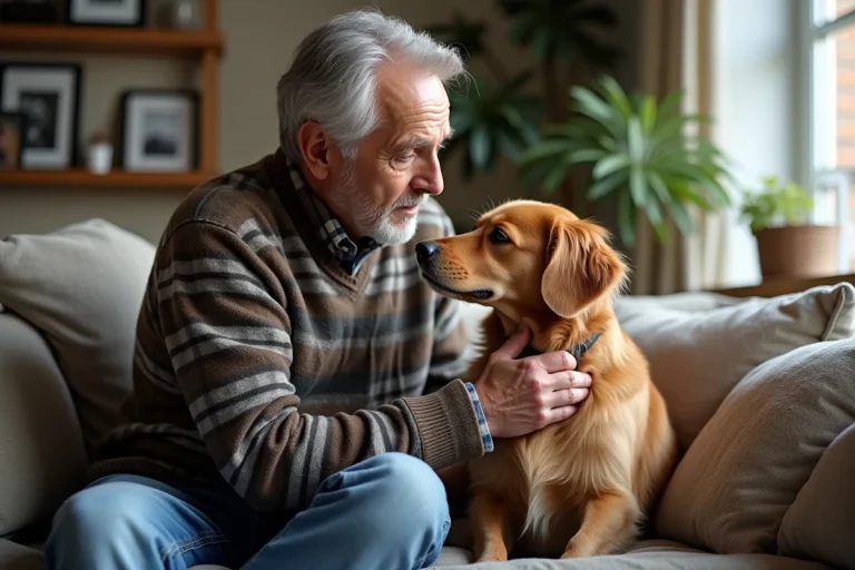 Homme âgé caressant un chien golden retriever dans un salon chaleureux
