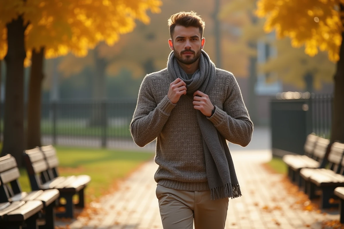 Jeune homme en pull et écharpe dans un parc automnal
