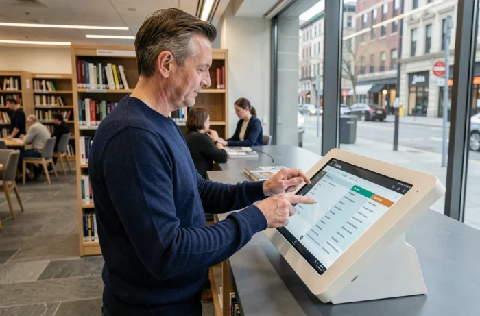 Homme consultant la page d'index d'un site patrimonial sur une tablette dans une bibliothèque publique moderne
