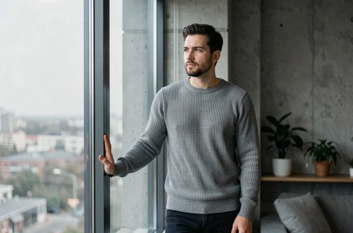 Homme contemplatif regardant par la fenêtre de son appartement, symbolisant la prise de distance volontaire avec la famille