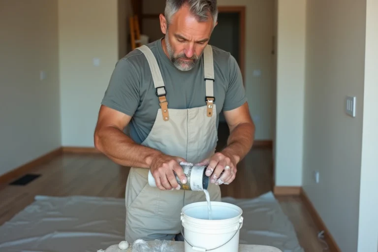 Homme en overalls versant de l'eau dans un seau de peinture blanche