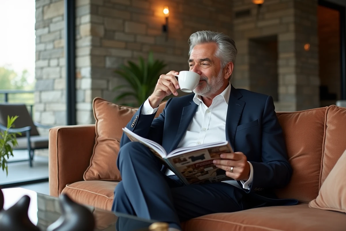 Homme en blazer lisant un magazine dans un salon moderne