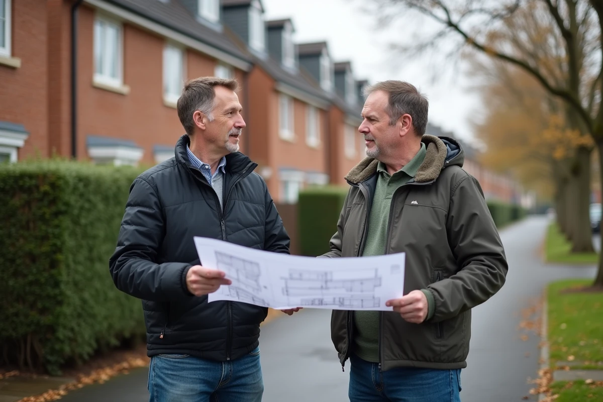 Deux hommes discutant de rénovations avec plans sur une rue résidentielle