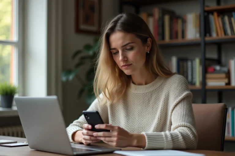 Femme consultant son smartphone pour identifier le propriétaire d'un numéro en 09 depuis son bureau à domicile