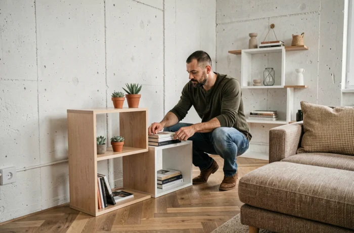 Homme installant des étagères modulaires dans un salon au style scandinave minimaliste avec parquet en chêne