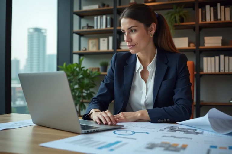 Femme investisseuse immobilière analysant des plans et documents financiers dans un bureau moderne en 2024