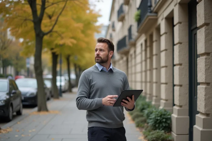 Investisseur immobilier évaluant un immeuble résidentiel rénové dans une rue européenne
