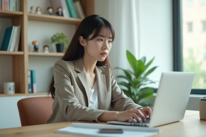 Jeune femme en bureau moderne naviguant sur un site animee
