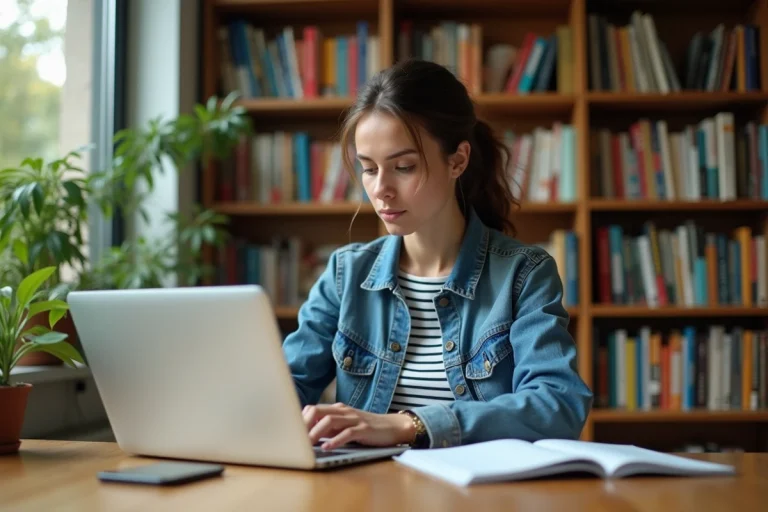 Jeune femme en bureau lisant des articles sur son ordinateur