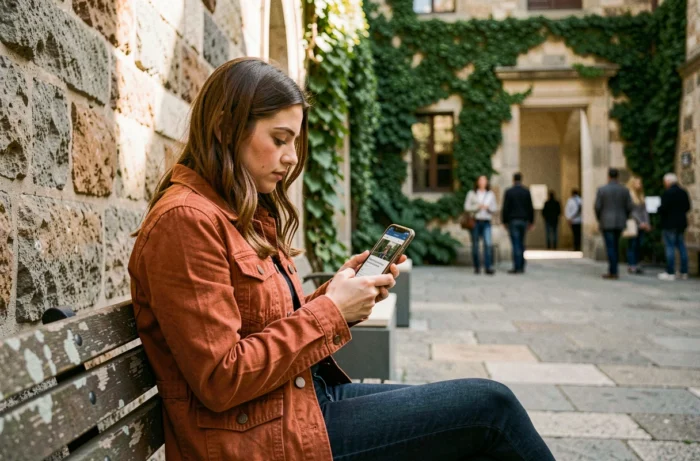 Jeune femme parcourant la page d'index d'un site de patrimoine sur smartphone dans une cour de musée historique
