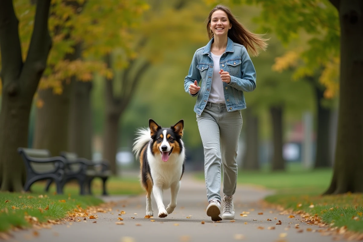 Jeune femme courant avec un border collie dans un parc verdoyant
