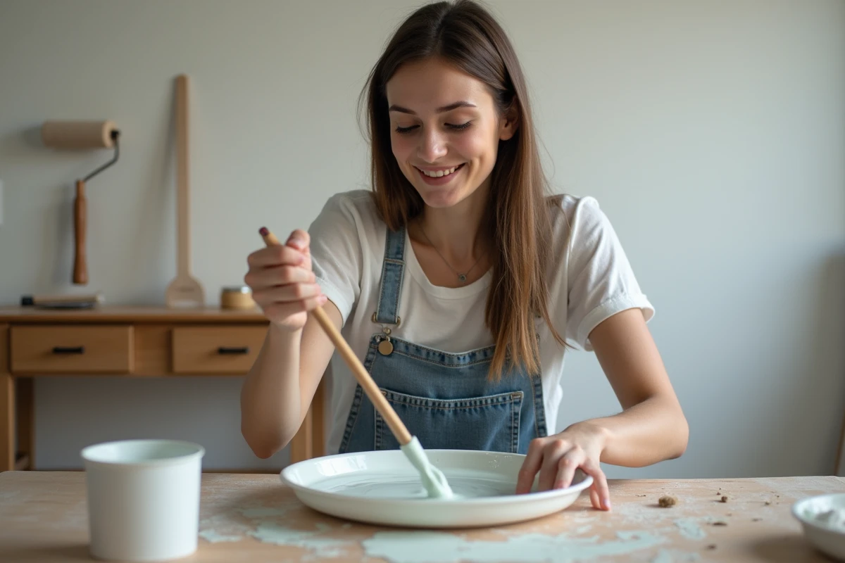 Jeune femme mélangeant de la peinture dans un studio moderne
