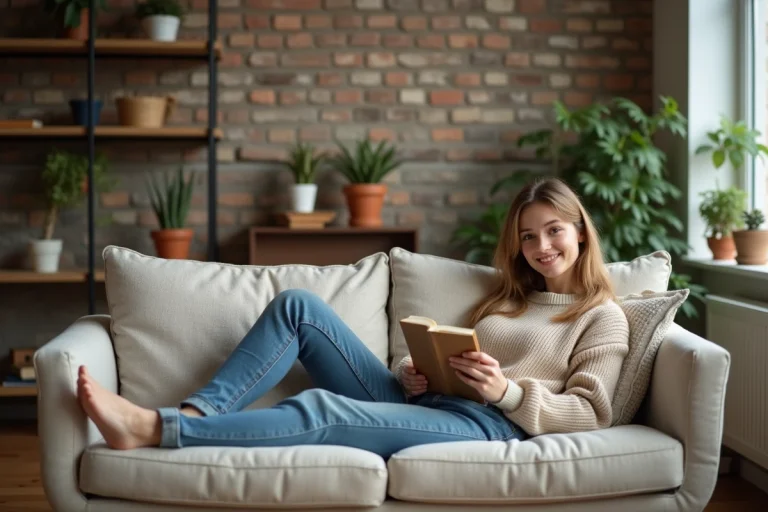 Jeune femme relaxant sur un canapé moderne dans un appartement cosy