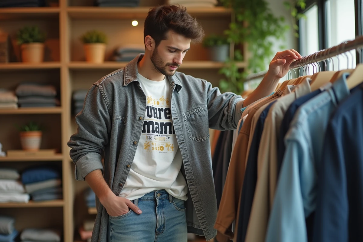 Jeune homme examinant un tissu dans une boutique
