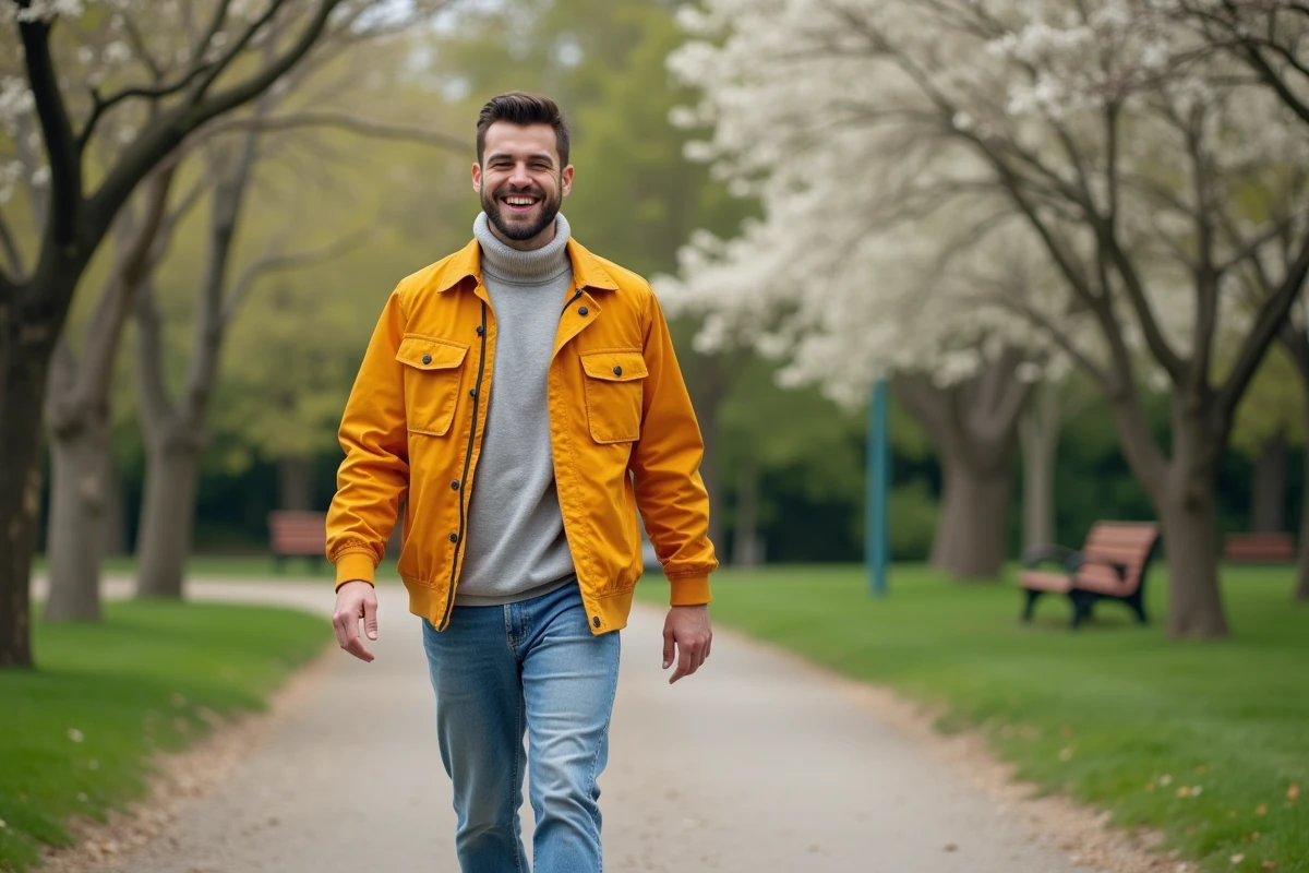 Jeune homme souriant dans un parc au printemps avec veste colorée