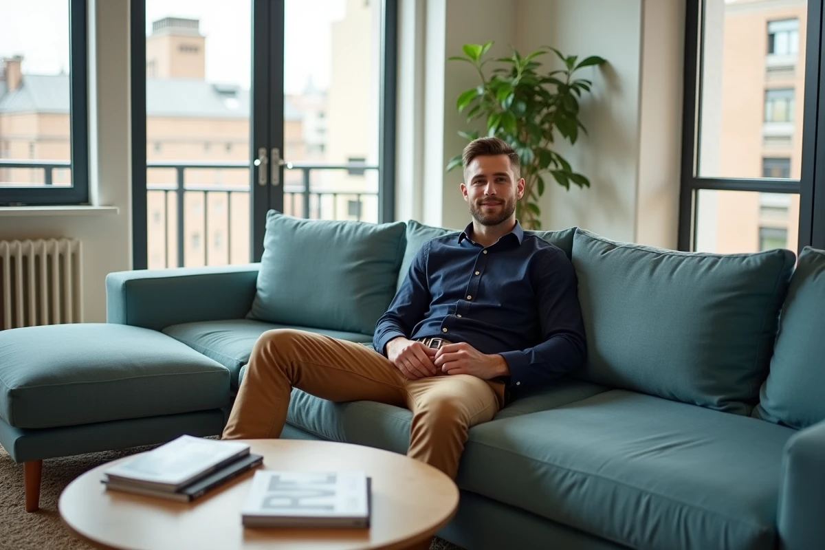 Jeune homme assis sur un canapé modulable dans un salon lumineux