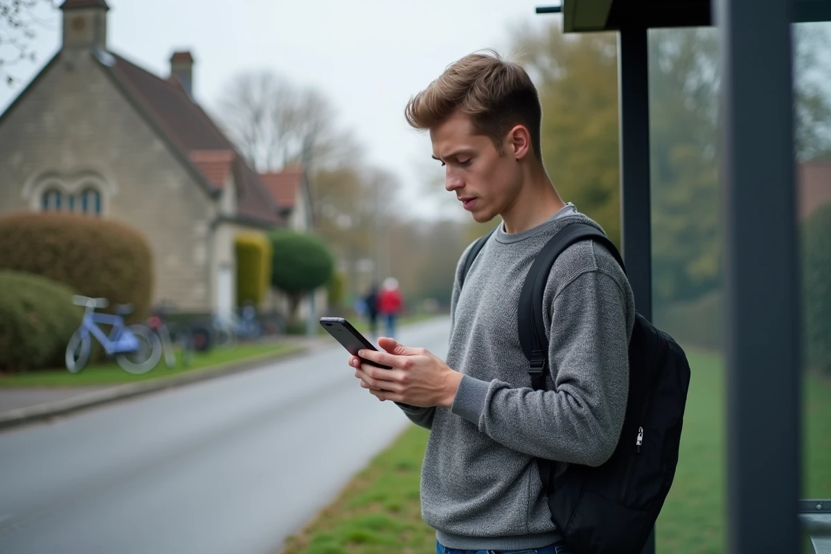 Jeune homme lisant une mise à jour sur son smartphone dans la rue