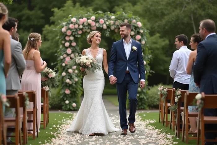 Jeune couple de mariés souriants en plein air lors d'un mariage