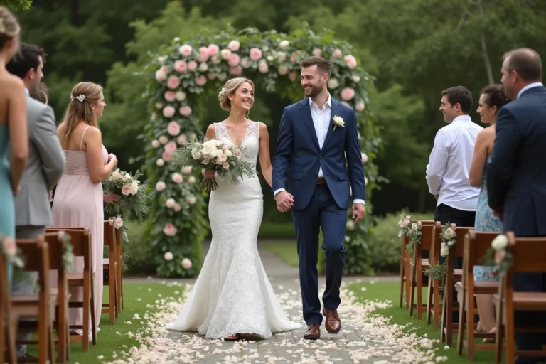 Jeune couple de mariés souriants en plein air lors d'un mariage