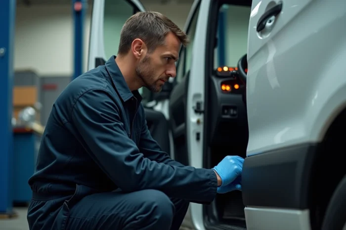 Mécanicien professionnel examinant les voyants orange allumés sur le tableau de bord d'un Mercedes Vito dans un atelier automobile