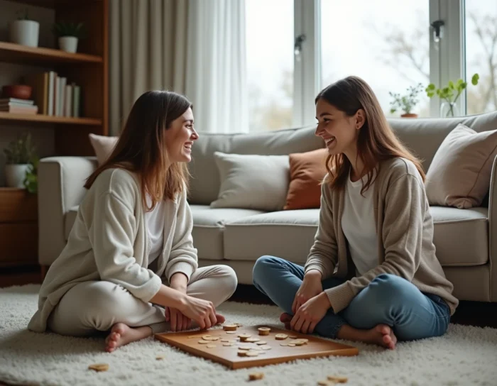 Mère et fille adolescente jouant à un jeu de société sur le sol du salon, moment de complicité familiale authentique