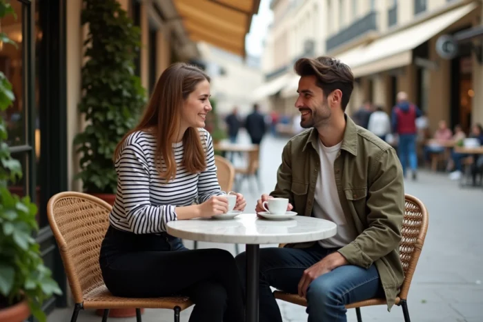 Jeune femme et jeune homme discutant chaleureusement autour d'un café à une terrasse de bistrot parisien