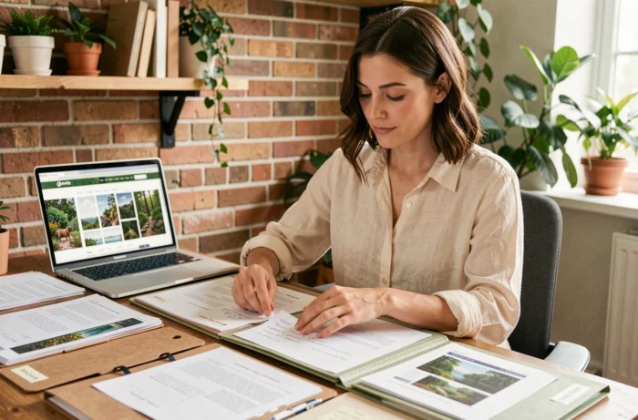Femme organisant la structure d'un site web nature avec des notes et maquettes sur un bureau en bois