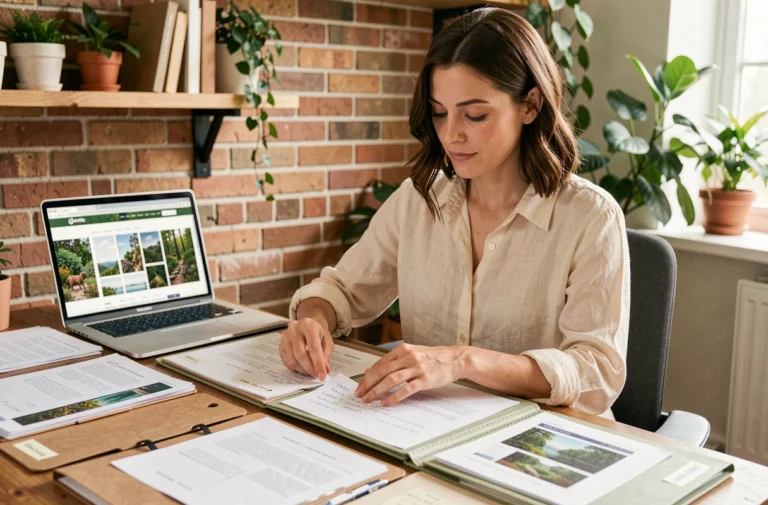 Femme organisant la structure d'un site web nature avec des notes et maquettes sur un bureau en bois