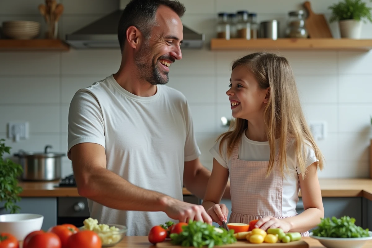 Père et fille en cuisine partageant un moment convivial