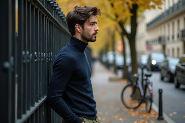 Jeune homme pensif aux cheveux ébouriffés près d'une grille en fer forgé dans une rue pavée parisienne en automne