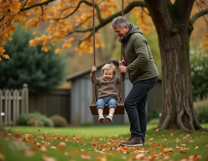 Père poussant son enfant sur une balançoire dans un jardin en automne, scène de vie de famille épanouie en plein air