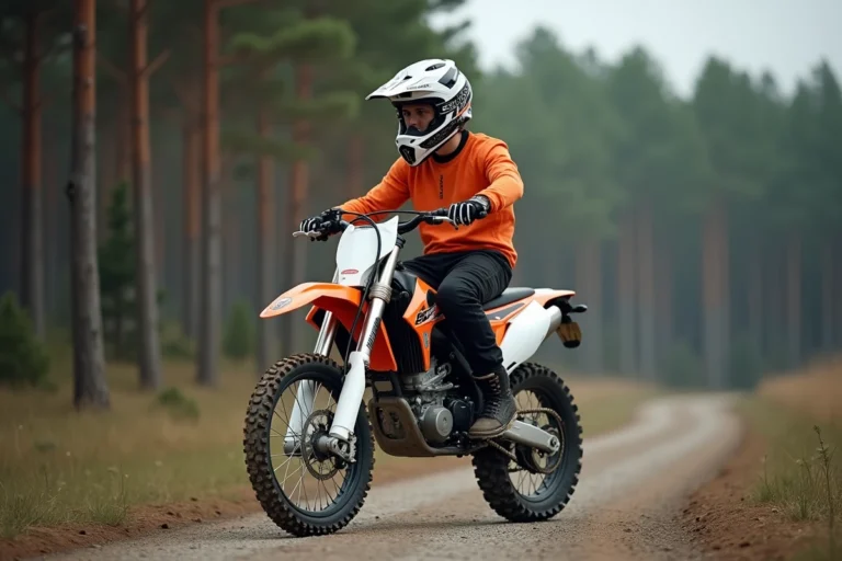 Jeune pilote en tenue motocross sur une moto 125 cross homologuée route garée en lisière de forêt