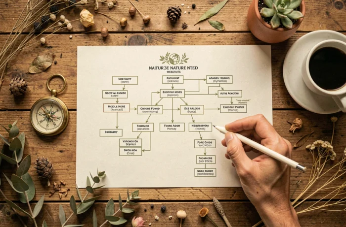 Vue aérienne d'un plan de site web nature imprimé entouré d'éléments botaniques sur une table en bois