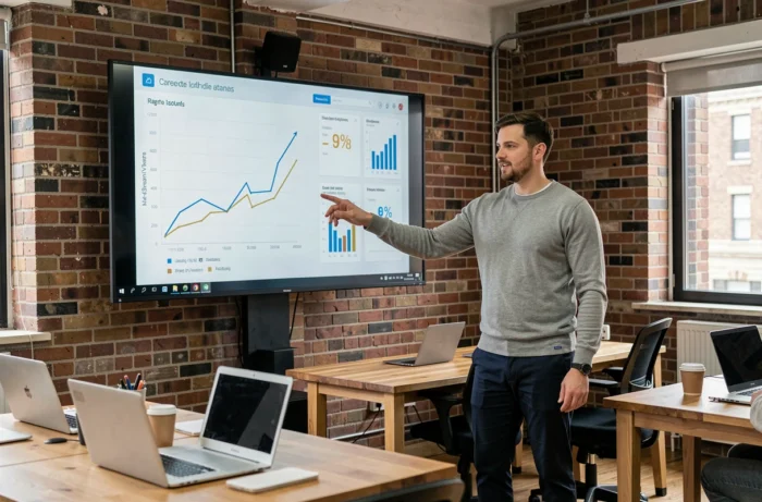 Homme présentant des données de progression de carrière devant une équipe dans un espace de coworking moderne