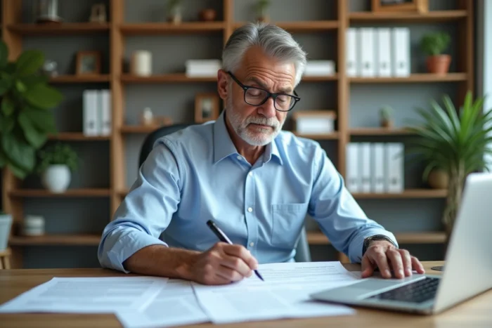 Propriétaire immobilier analysant des contrats de bail pour un espace de coliving dans son bureau