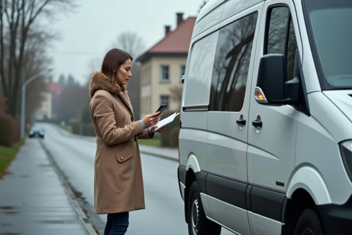 Femme consultant son téléphone et le manuel du véhicule à côté de son Mercedes Vito garé après l'apparition de voyants orange