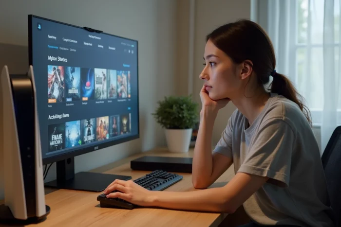 Jeune femme utilisant la PS5 Digital Edition à son bureau gaming dans une chambre d'appartement, naviguant sur le PlayStation Store