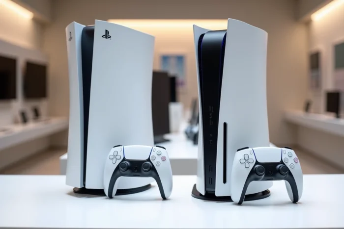 Comparaison visuelle entre la PS5 avec lecteur disque et la PS5 Digital Edition exposées sur une étagère de magasin high-tech