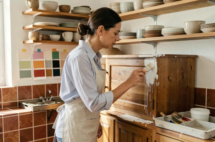 Femme rénovant un meuble de cuisine en bois avec de la peinture blanche dans un intérieur chaleureux aux tons terracotta