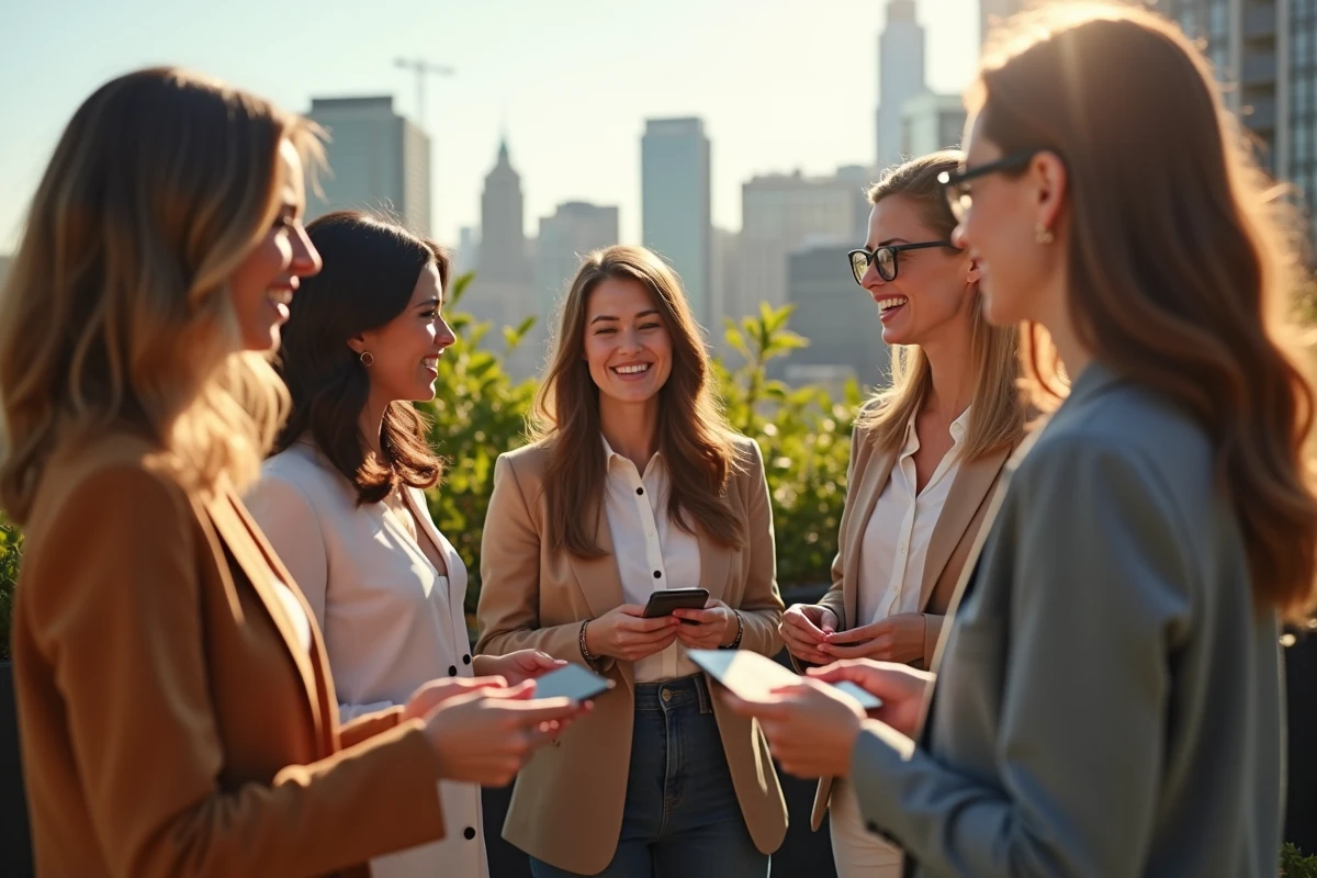 Femmes en discussion sur un rooftop urbain ensoleille