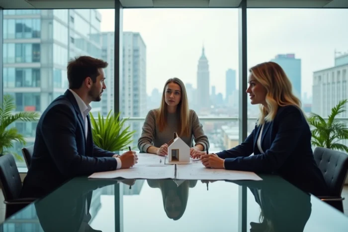 Couple de futurs investisseurs immobiliers en réunion avec un conseiller financier autour d'un projet d'achat immobilier