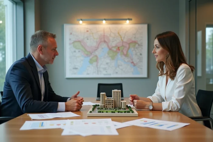Deux professionnels de l'immobilier en réunion stratégique autour d'une maquette de projet immobilier