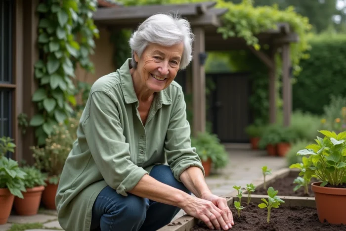 Senior femme aux cheveux argentés plantant des semis dans un jardin écologique avec des bacs en bois et des pots en terre cuite