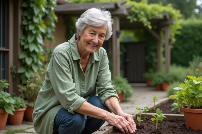 Senior femme aux cheveux argentés plantant des semis dans un jardin écologique avec des bacs en bois et des pots en terre cuite